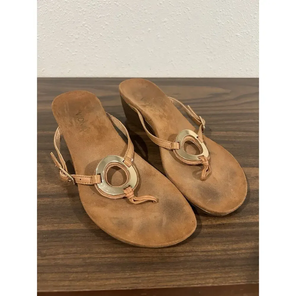 Vionic Orchid Wedge Sandal Womens 8.5 Brown Leather‎ Gold Ring Orthotic Thong